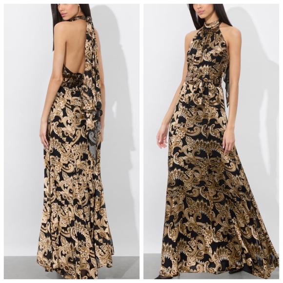 Alice + Olivia Dresses & Skirts - Alice + Olivia DITA Black Gold Spring Paisley Maxi Dress Halter Belt - Size 2
